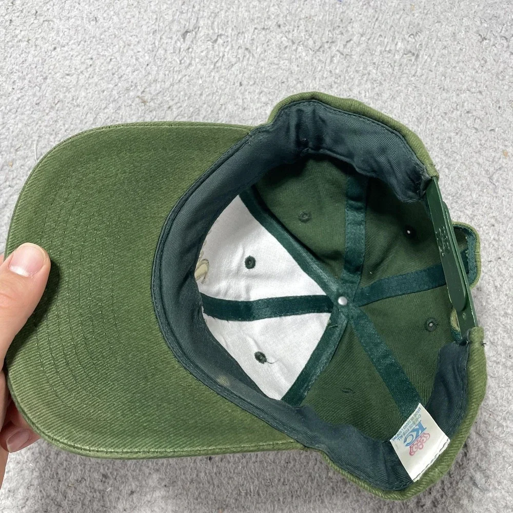 John‎ Deere KC Hat Cap Snap Back One Size Mens Green Script Logo VTG Embroidered